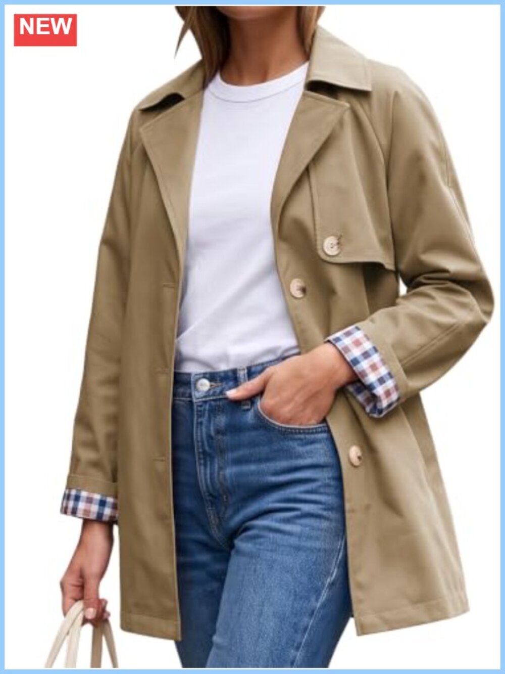 Classic Single-Breasted Trench Coat Lightweight Windproof Plaid Lining